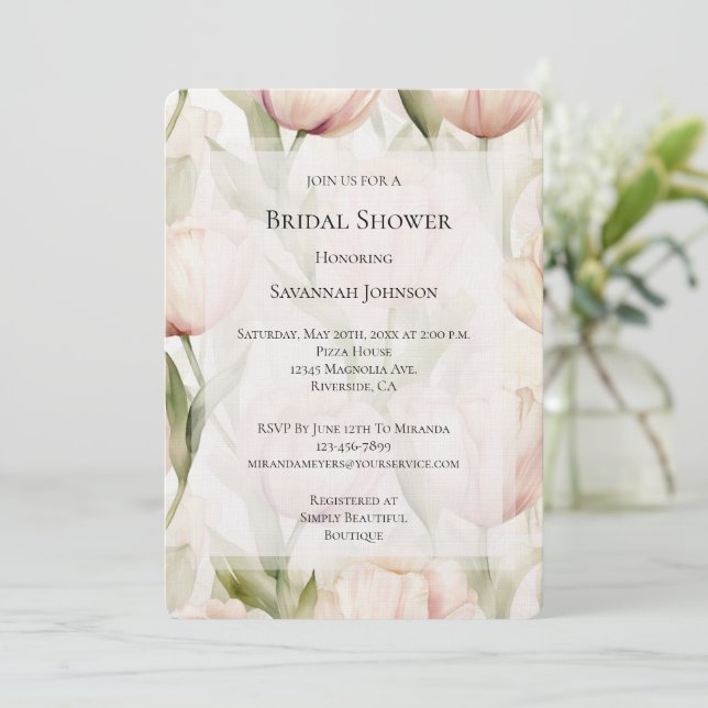 Invitación Ducha de novia floral de tulipanes rosados Rubor (Anverso de pie)