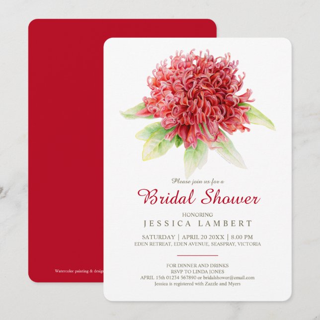 Invitación Ducha de novia floral de waratah borgoña roja (Anverso / Reverso)