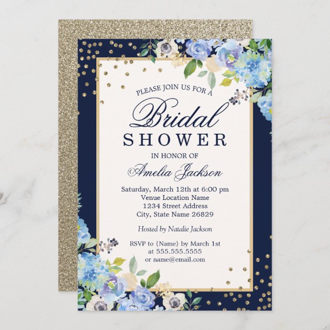 Invitación Ducha de novia floral dorada azul con brillo (Anverso / Reverso)
