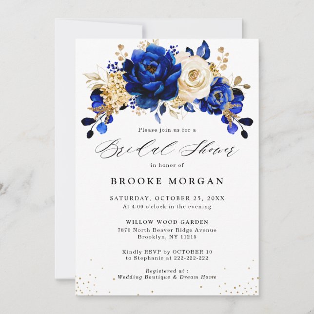 Invitación Ducha de novia floral dorada azul real amarilla (Anverso)