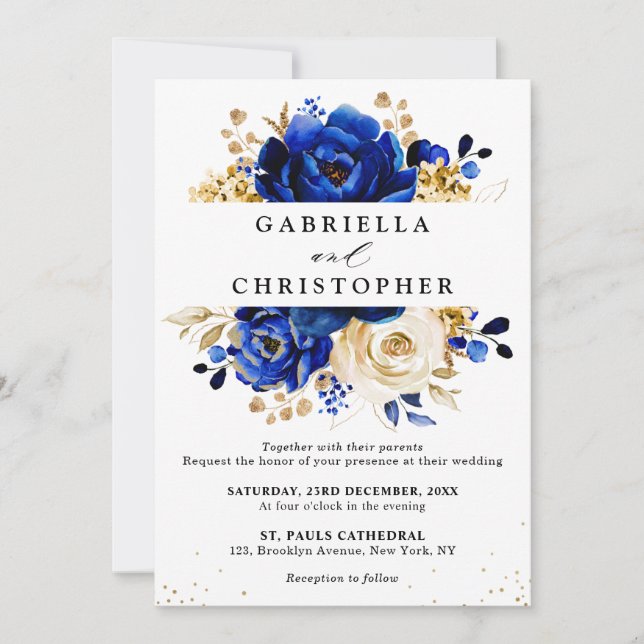 Invitación Ducha de novia floral dorada azul real amarilla (Anverso)