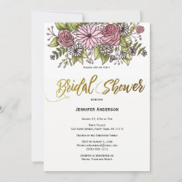 Invitación Ducha de novia floral dorada rosada