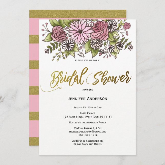Invitación Ducha de novia floral dorada rosada (Anverso / Reverso)