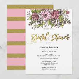 Invitación Ducha de novia floral dorada rosada