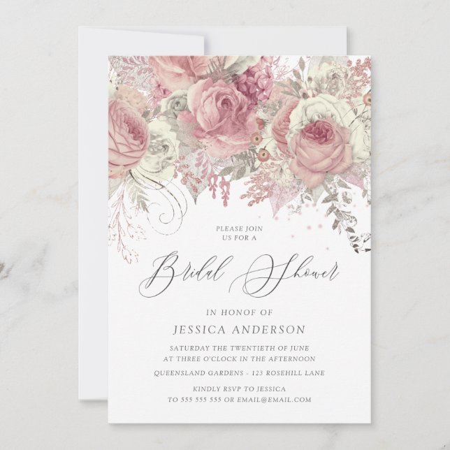 Invitación Ducha de novia floral encantada con plata y Rubor (Anverso)
