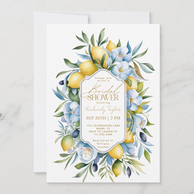 Invitación Ducha de novia floral floral azul limón azul itali (Anverso)
