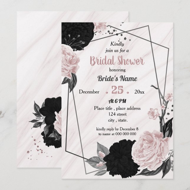 Invitación Ducha de novia floral floral negra y rosa suave (Anverso / Reverso)