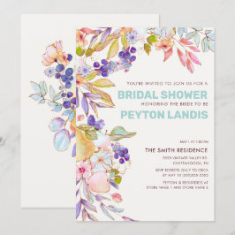 Invitación Ducha de Novia Floral Fruta Rosa Azul Polvoriento