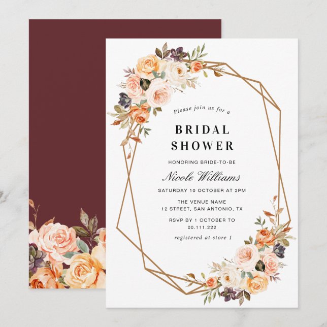 Invitación ducha de novia floral geométrica (Anverso / Reverso)