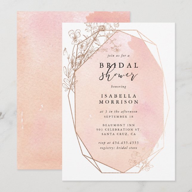 Invitación Ducha de novia floral geométrica de oro rosa Rubor (Anverso / Reverso)