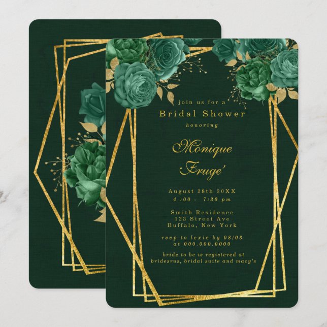Invitación Ducha de novia floral geométrica de oro verde esme (Anverso / Reverso)