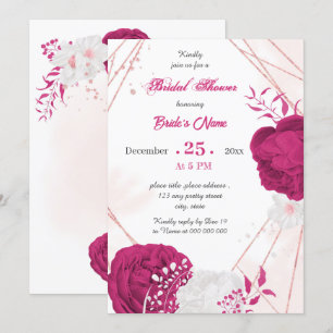 Invitación ducha de novia floral geométrica fucsia y blanca
