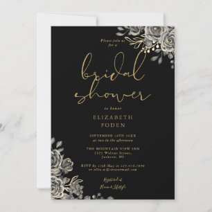 Invitación Ducha de Novia Floral Gótico de Negro y Dorado