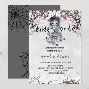 Invitación Ducha de Novia Floral Gótico Halloween Niña Monada