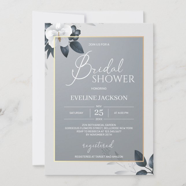 Invitación Ducha de novia floral gris gris plateado (Anverso)
