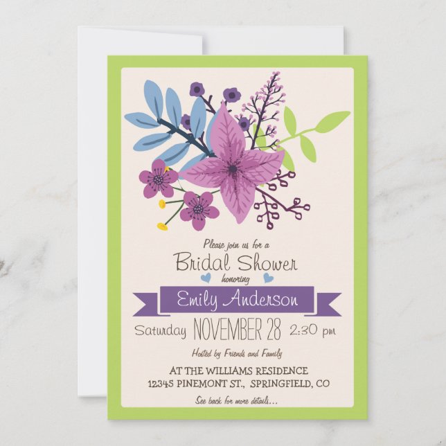 Invitación Ducha de novia floral Lime Green y Violeta Morada (Anverso)