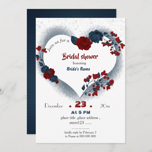 Invitación ducha de novia floral marina y borgoña (Anverso / Reverso)
