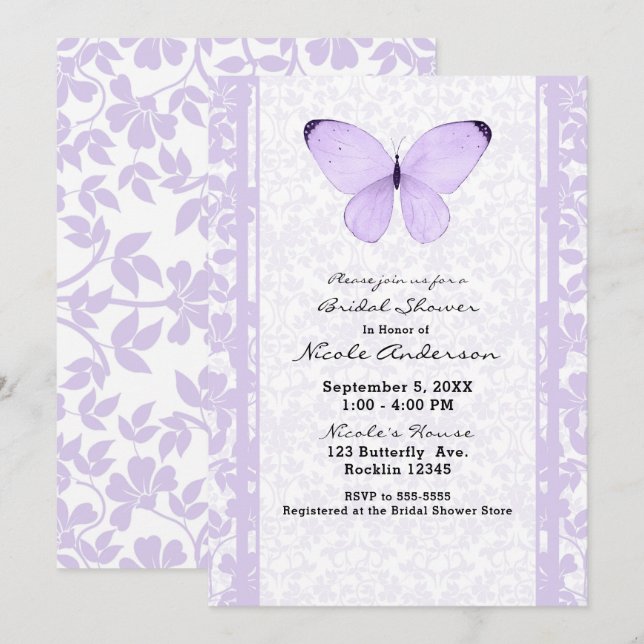 Invitación Ducha de Novia Floral Mariposa Morada Lavanda (Anverso / Reverso)