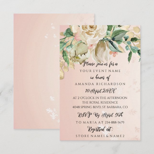 Invitación Ducha de novia Floral mín de luz rosa (Anverso / Reverso)