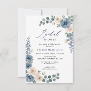 Invitación Ducha de Novia Floral Moderna Azul Polvoriento Mar