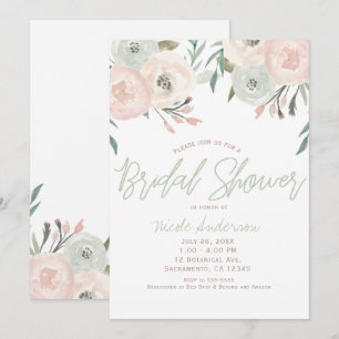 Invitación Ducha de Novia Floral Moderna Verde Menta y Rosa