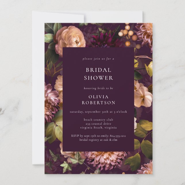 Invitación Ducha de novia floral morada oscura y temeraria (Anverso)