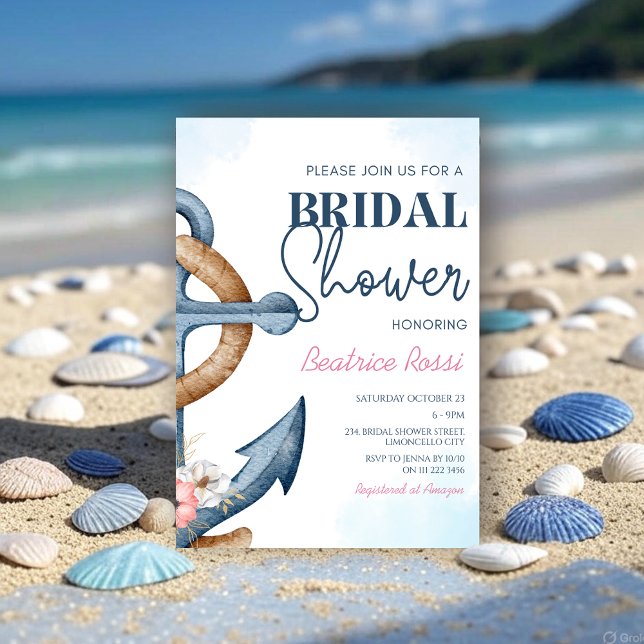 Invitación Ducha de Novia Floral Náutica con Ancla a Rayas (Nautical Floral Anchor Stripe Bridal Shower Invitation)