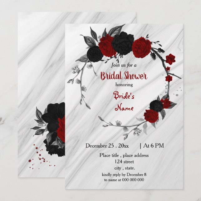 Invitación Ducha de novia floral negra y roja (Anverso / Reverso)