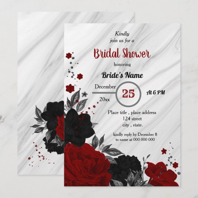Invitación Ducha de novia floral negra y roja (Anverso / Reverso)