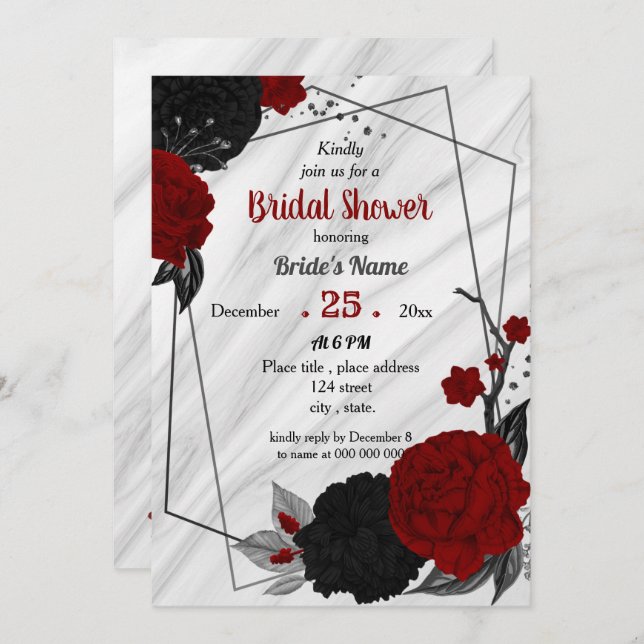 Invitación Ducha de novia floral negra y roja (Anverso / Reverso)