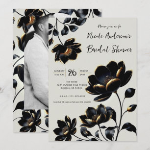 Invitación Ducha de Novia Floral Negro y Dorado Beige
