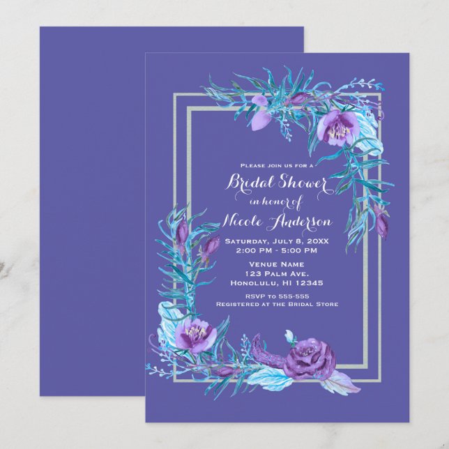 Invitación Ducha de novia floral púrpura ultravioleta y Aqua (Anverso / Reverso)