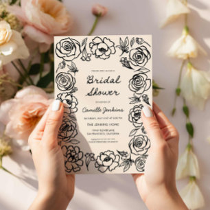 Invitación Ducha de novia floral retro de mano dibujada