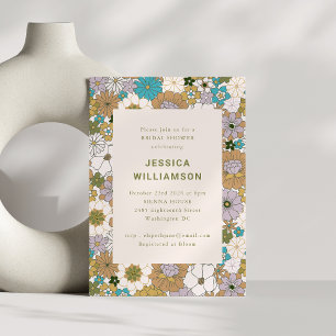 Invitación Ducha de Novia Floral Retro Mostaza Lavanda Verde