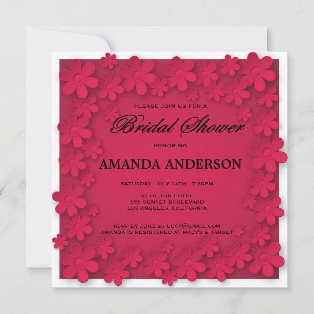 Invitación Ducha de novia floral roja rosa caliente única (Anverso)