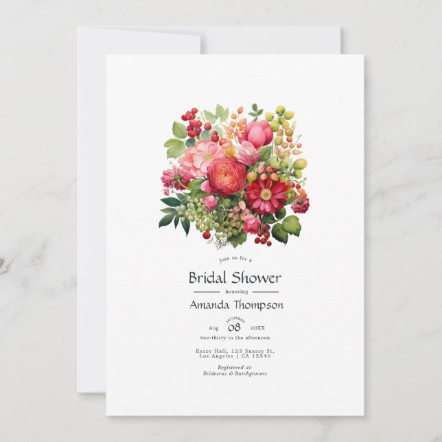Invitación Ducha de novia floral roja, rosa y verde (Anverso)