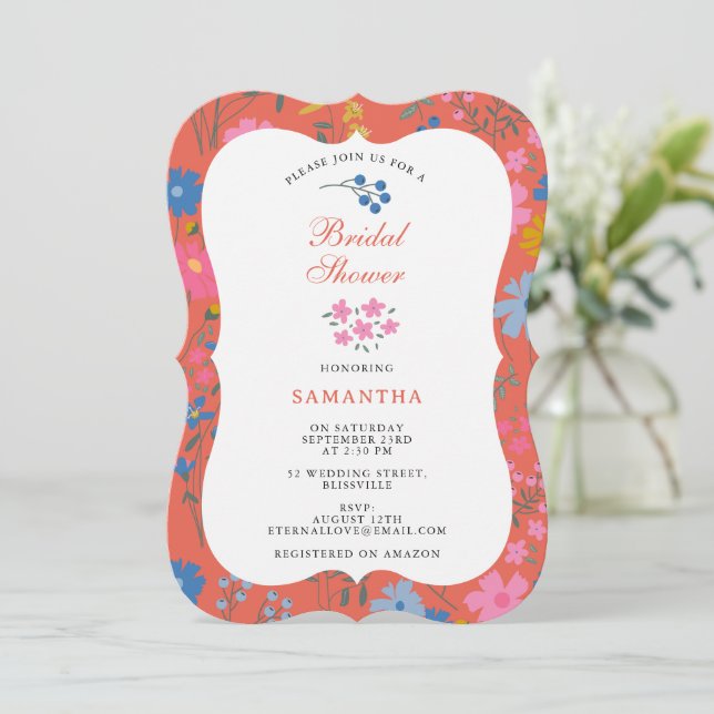 Invitación Ducha de Novia Floral Rojo Boho Moderno Flores Sil (Anverso de pie)