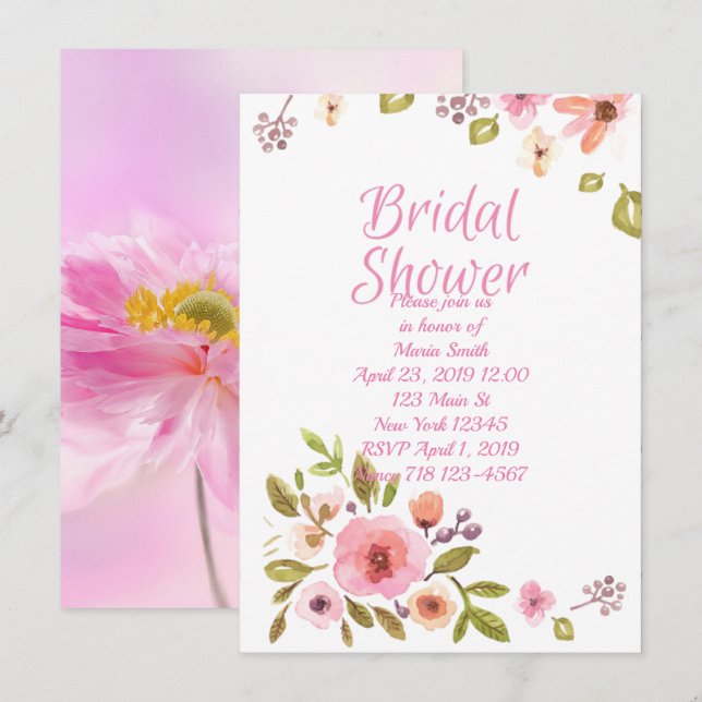 Invitación Ducha de novia floral rosa (Anverso / Reverso)