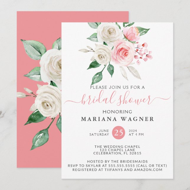 Invitación Ducha de novia floral rosa (Anverso / Reverso)