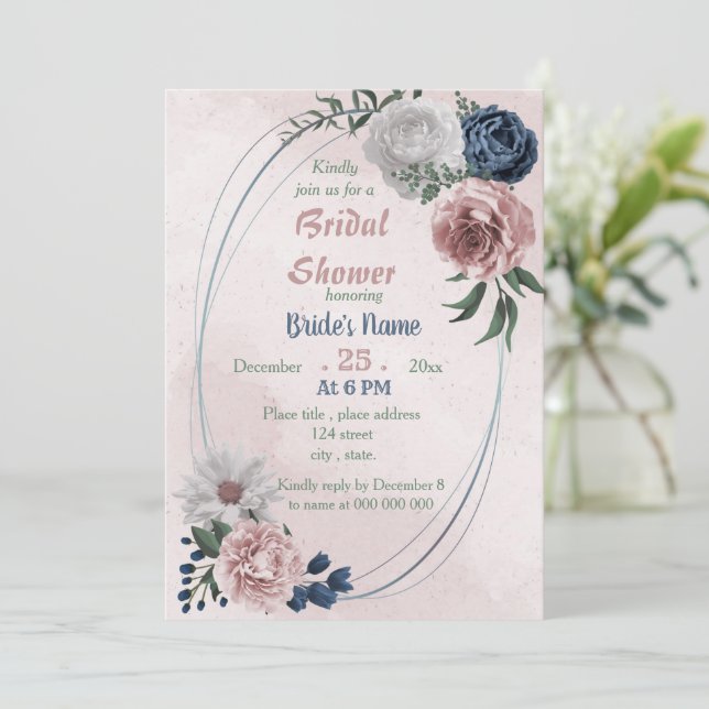 Invitación ducha de novia floral rosa azul y blanca (Anverso de pie)