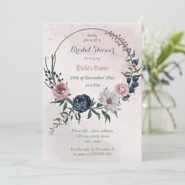 Invitación ducha de novia floral rosa azul y blanca (Anverso de pie)