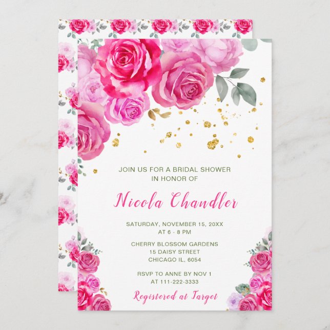 Invitación Ducha de novia floral rosa caliente (Anverso / Reverso)