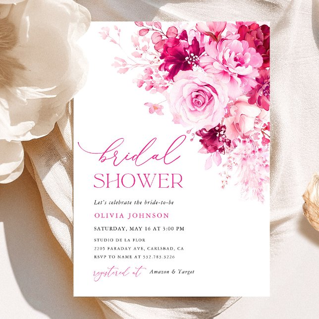 Invitación Ducha de Novia Floral Rosa Caliente (Hot Pink Floral Bridal Shower Invitation, Elegant Pink Rose Garden Watercolor Bridal Shower Invite)