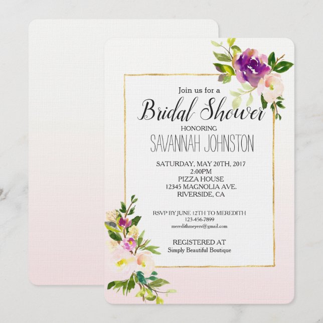 Invitación Ducha de novia floral rosa de Borgoña (Anverso / Reverso)
