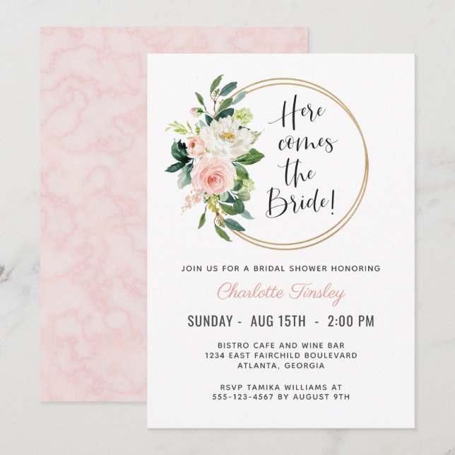 Invitación Ducha de novia floral rosa de Rubor (Anverso / Reverso)