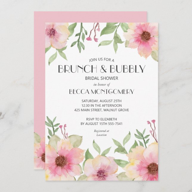 Invitación Ducha de novia floral rosa de Rubor brunch (Anverso / Reverso)