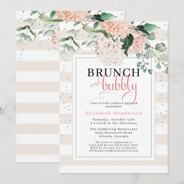 Invitación Ducha de novia floral rosa de Rubor brunch (Anverso / Reverso)