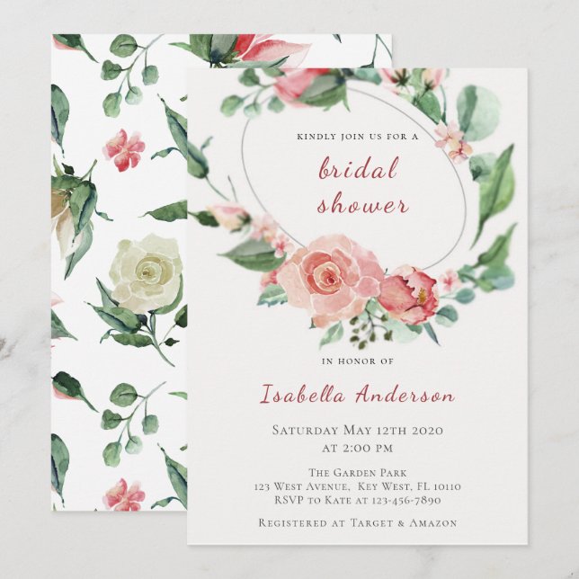 Invitación Ducha de novia floral rosa de Rubor Roses (Anverso / Reverso)