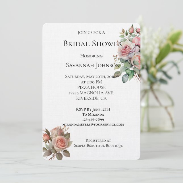 Invitación Ducha de novia floral rosa de Rubor Roses (Anverso de pie)