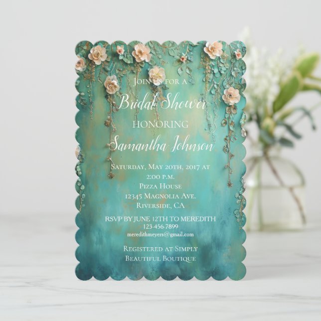 Invitación Ducha de novia floral rosa de Rubor Verde azulada (Anverso de pie)
